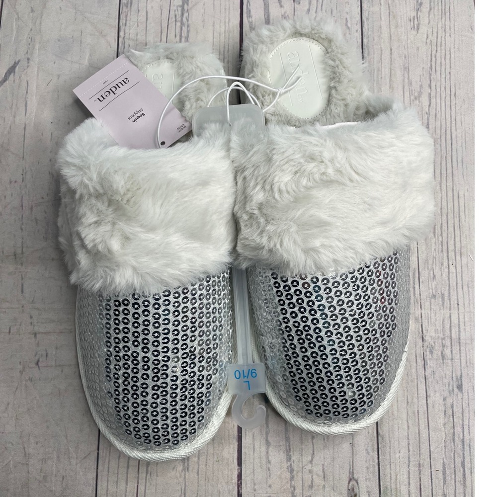 Auden Sequin Slippers, Womens Size L (9/10) Faux Fur Silver Glitter NEW